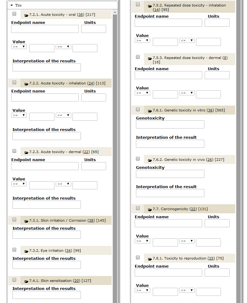 TOX endpoints search criteria expanded